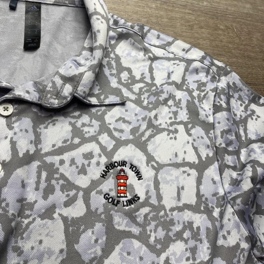 Adidas Shirt Harbour Town Golf Links‎ Mens XL Grey White Stone Print Polo GR3093